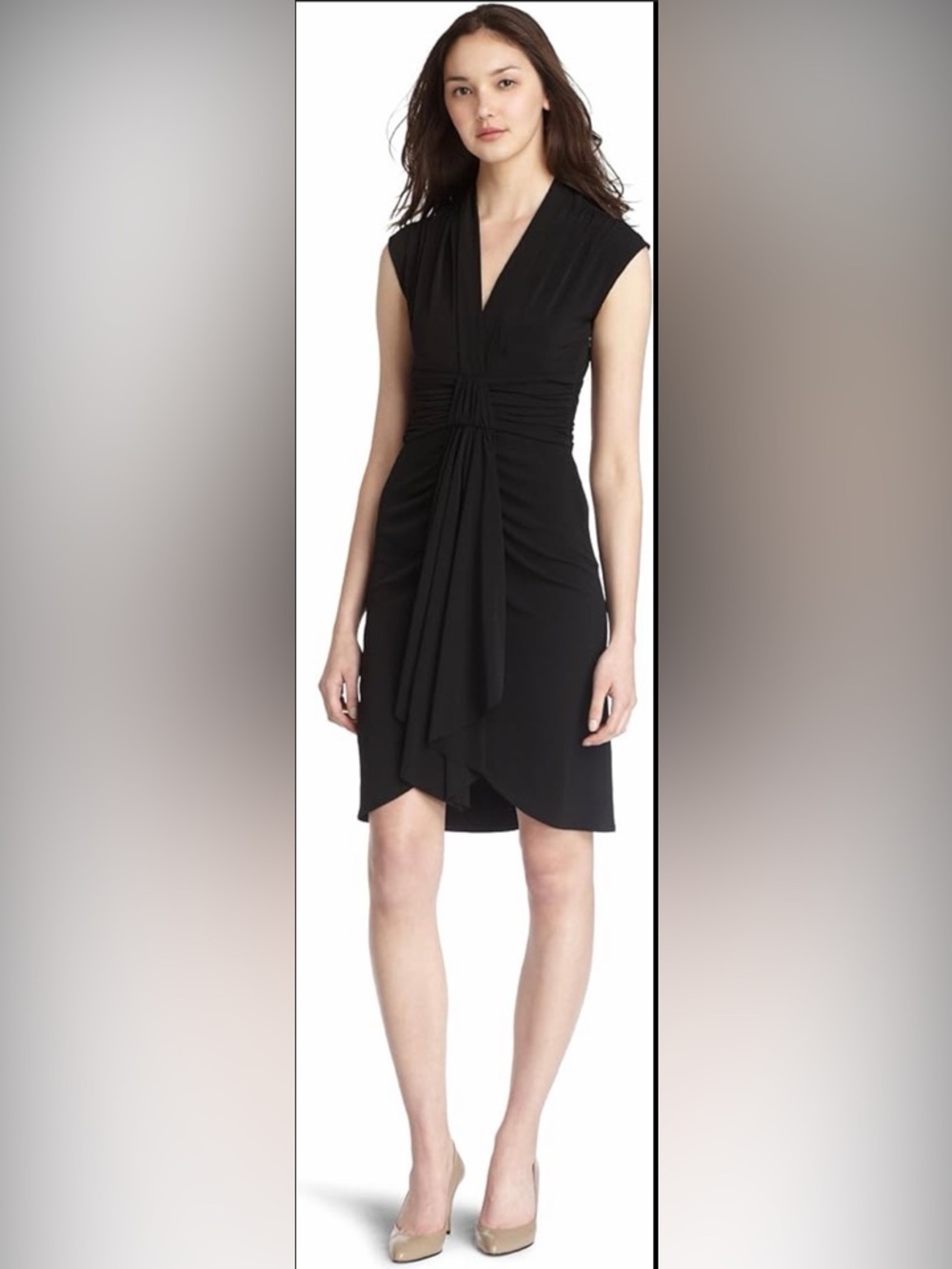Max & Cleo Black Draped V-Neck Ruched Waist Dress
